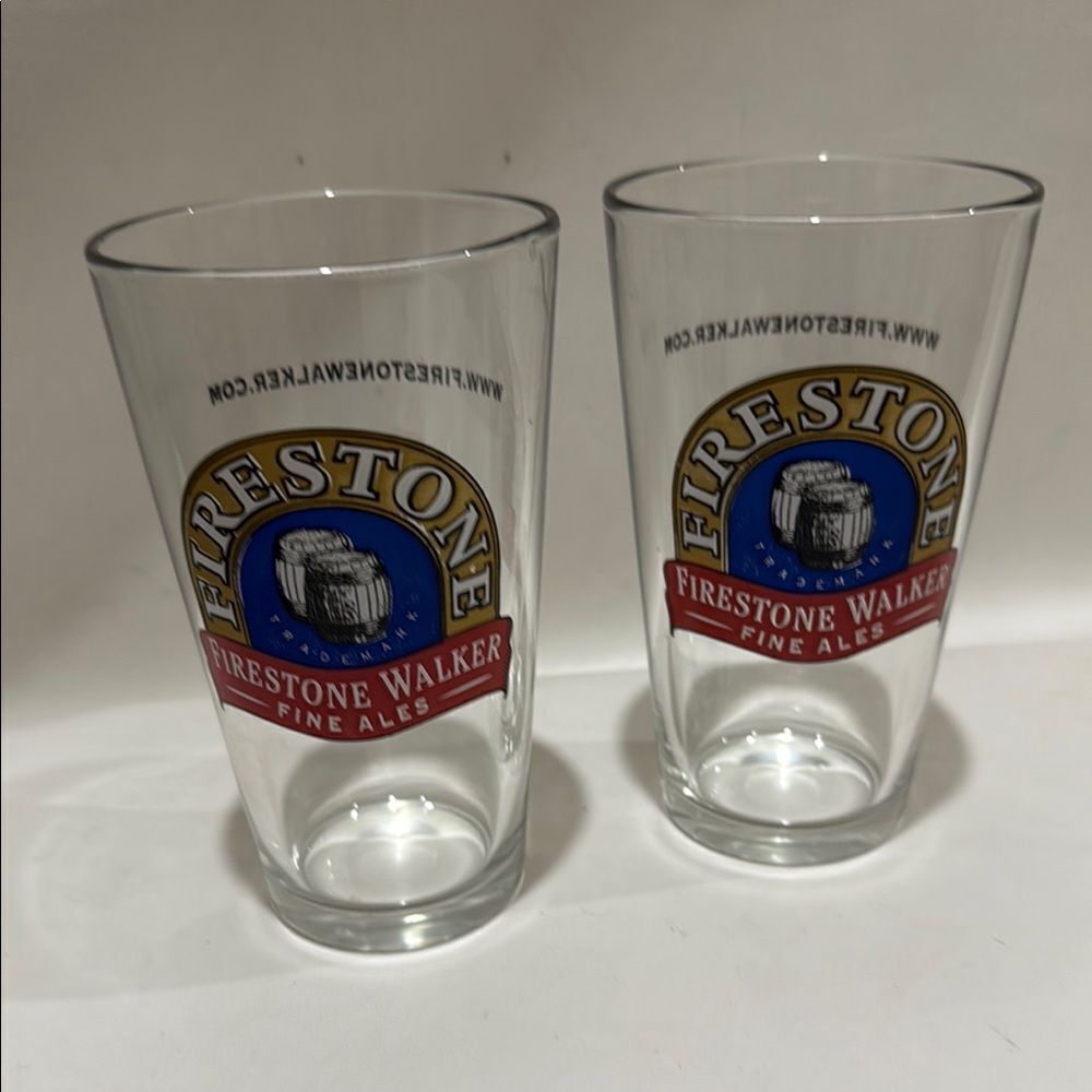 Firestone Walker Fine Ales Beer Logo 16 Oz Glass 5 3/4 Tall Red Blue Gold Set 2